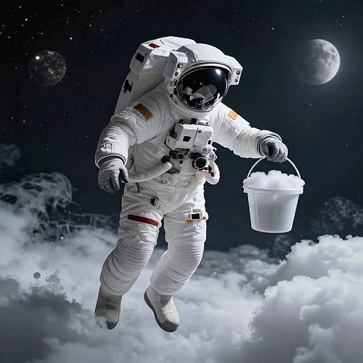 Photorealistic digital art of an astronaut in a white spacesuit floating in space, holding a bucket filled with clouds, with two moons and a star