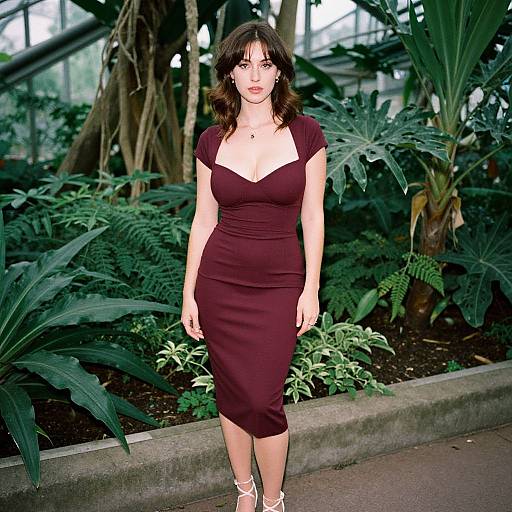 Photograph of a curvy woman with fair skin, dark wavy hair, wearing a form-fitting burgundy dress and white strappy heels,