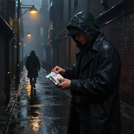 Photograph of a hooded figure in a dark raincoat, focused on a smartphone in a rainy, dimly-lit alley at night, with