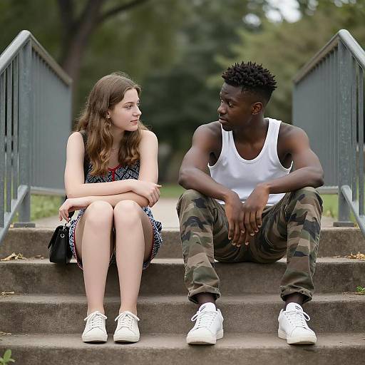 Boy and Girl Relaxing on Concrete Stairs