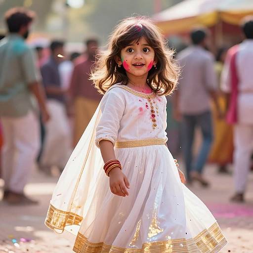 Photograph of a young Indian girl with dark hair, wearing a white dress with gold trim, red face paint, and red bangles, standing outdoors