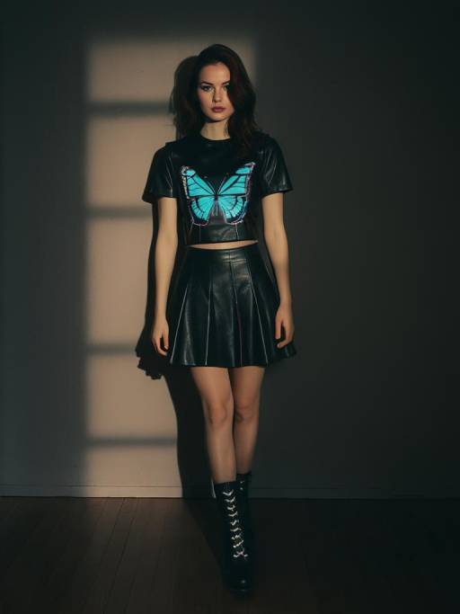 Edgy Woman in Black Faux-Leather Outfit with Butterfly Print