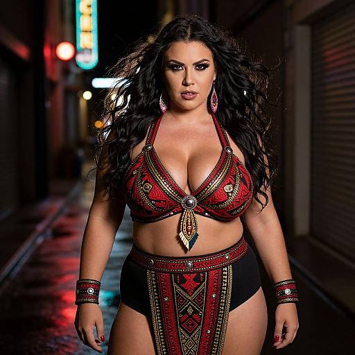 Photograph of a curvy woman with long black hair in a red and black beaded bikini, standing confidently on a neon-lit, wet alley