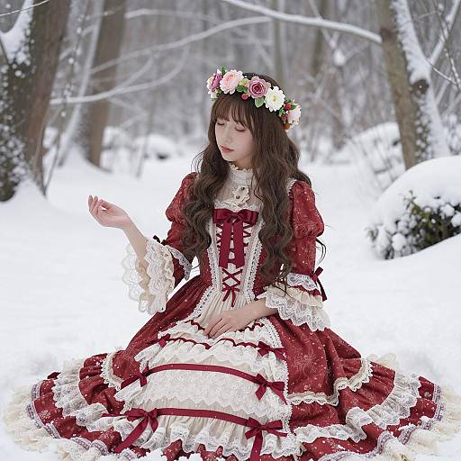 Victorian-Style Dress Woman in Snowy Forest