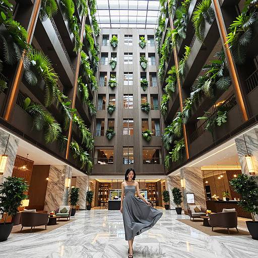 Photograph of a woman in a flowing gray dress dancing in a luxurious, indoor atrium with tall green plants, marble floors, and modern architecture.