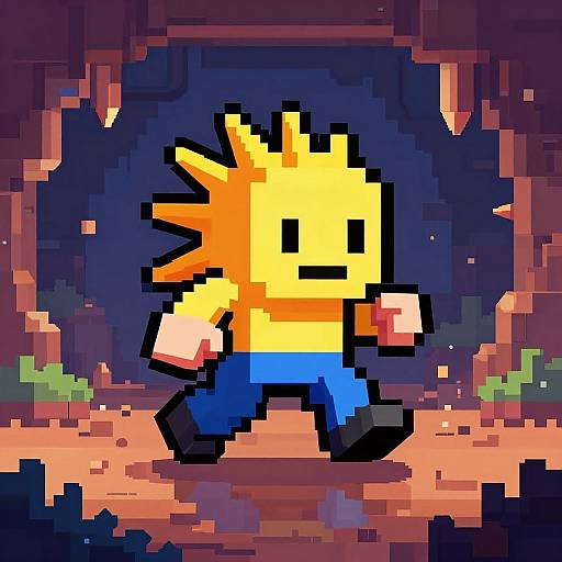 Pixel art of a yellow, spiky-haired character with blue pants, walking in a dark, rocky cave with pink and purple hues.