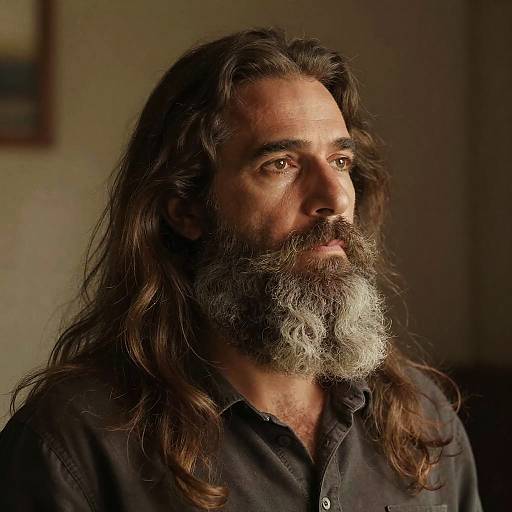 Photograph of a middle-aged man with long, wavy brown hair and a full gray beard, wearing a black button-up shirt, looking thoughtfully