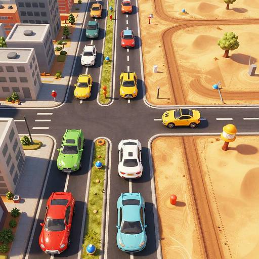 Aerial CGI of a bustling urban intersection with colorful cars (red, green, yellow, blue, white), surrounded by buildings and construction.