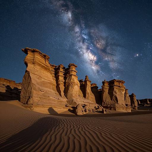 Photograph of a desert landscape under a starry night sky, showcasing towering sandstone formations with rippled sand in the foreground. The Milky Way galaxy