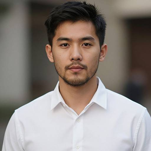 Photograph of an Asian man with short black hair, light beard, and neutral expression, wearing a white button-up shirt, blurred background.