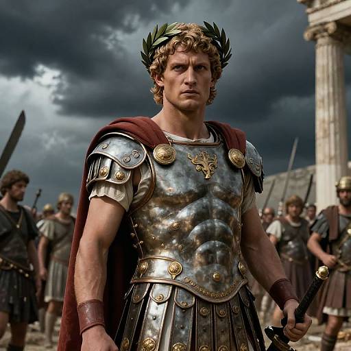 Photorealistic CGI of a muscular, curly-haired, blonde man in ancient Roman armor with a laurel wreath, holding a sword, standing in