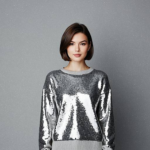 Young Woman in Silver Shimmering Sweater