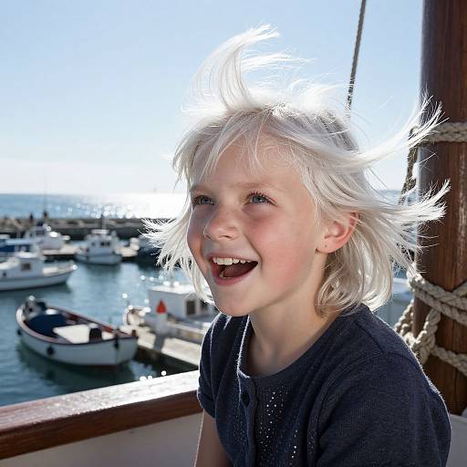Photograph of a smiling young girl with white, wind-swept hair, wearing a dark shirt, standing on a sunlit dock overlooking a calm