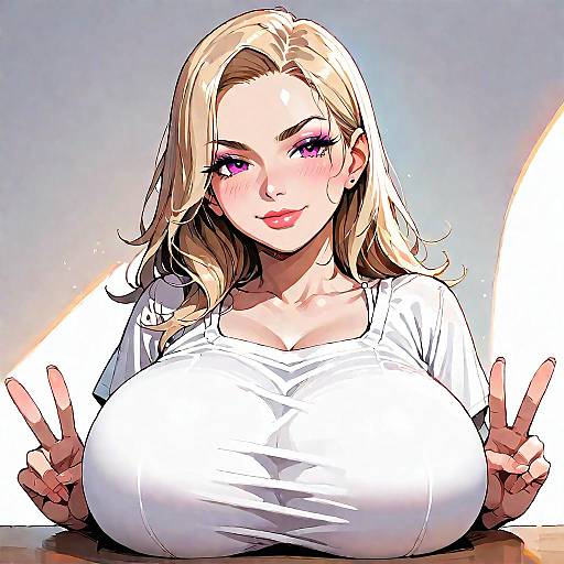 Anime Blonde Woman with Purple Eyes and Peace Signs