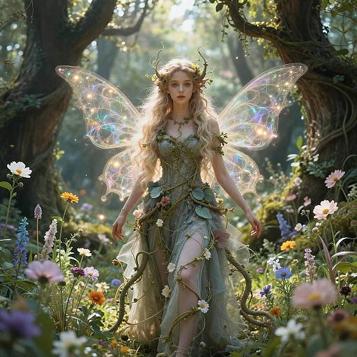 Photorealistic digital fantasy: fairy with glowing, iridescent wings, dressed in a green, leafy gown, stands in a sunlit forest