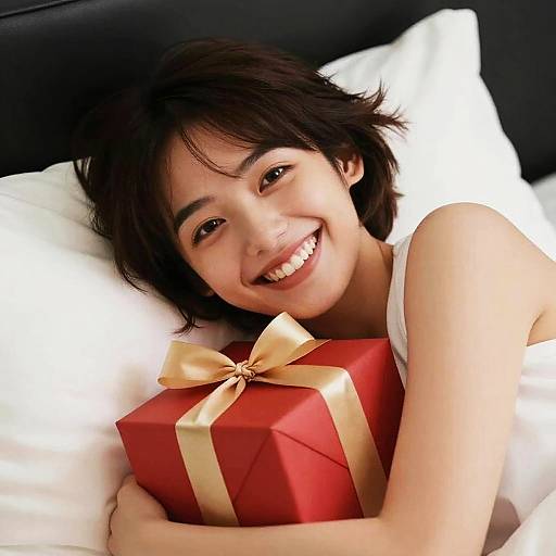 Photograph of a smiling Asian woman with short black hair, lying in bed, hugging a red gift box with a gold ribbon.