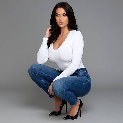 Photograph of a curvy woman with long black hair, wearing a white V-neck top, blue jeans, and black high heels, squatting against