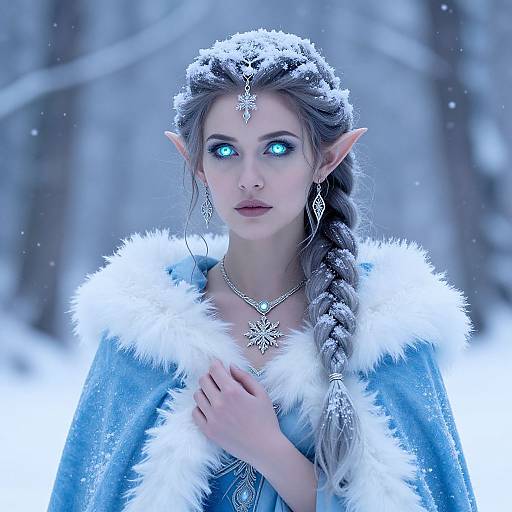 Digital artwork of a beautiful, ethereal elf woman with glowing blue eyes, long braided silver hair, pointed ears, and snow-covered blue fur cloak