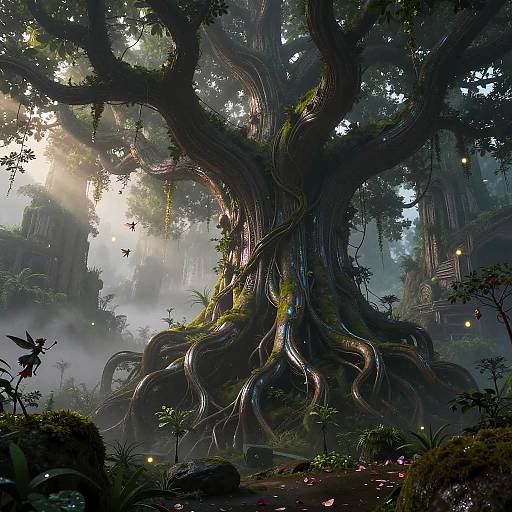 Digital fantasy artwork of a massive, moss-covered tree with twisting roots in a misty, enchanted forest, sunlight filtering through leaves.