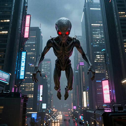 Alien with Red Eyes Over Neon City
