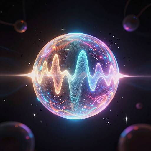 Neon-lit, glowing space sphere with colorful, wavy ECG line, surrounded by stars and floating orbs, in a dark, cosmic background