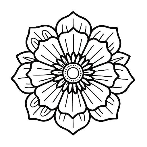 Black and white line drawing of a detailed, symmetrical flower with multiple large petals and a central dotted circle.