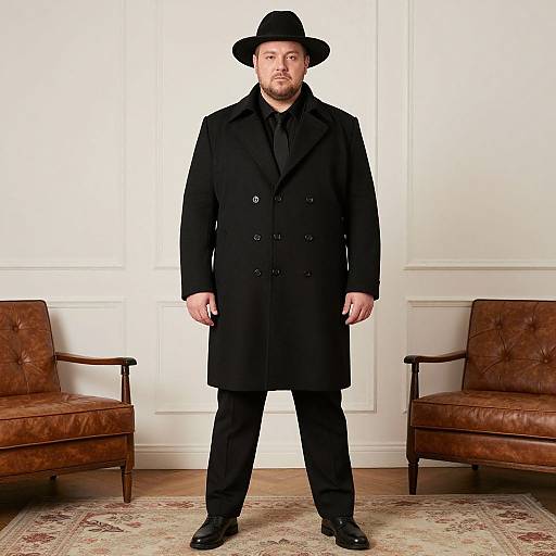 Photograph of a bearded man in a black coat, black hat, and black pants, standing between two brown leather armchairs.