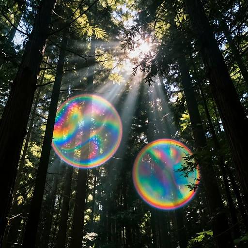 Photograph of a sunlit forest with two vibrant, rainbow-colored soap bubbles floating amidst tall, dark trees and sunbeams filtering through the foliage.