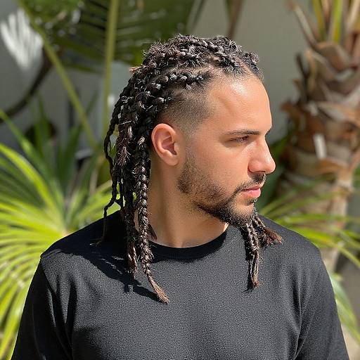 Photograph of a light-skinned Black man with braided hair, wearing a black shirt, looking to the side in sunlight. Background includes green palm