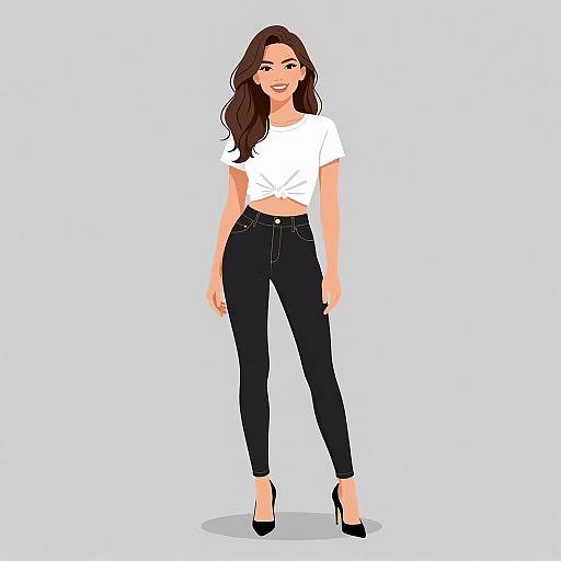 Digital illustration of a smiling woman with wavy brown hair, wearing a white tied-knot shirt, black skinny jeans, and black high heels, standing