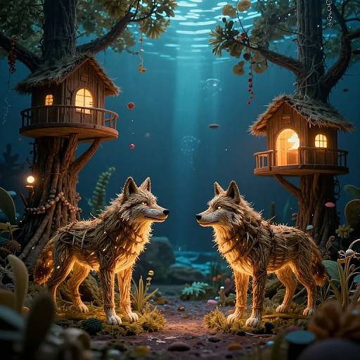 Digital art of two glowing wolves standing in a mystical forest at night, illuminated by wooden birdhouses with warm lights. Blue moonlight filters through tree canopy
