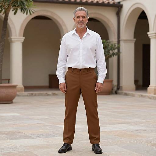 Photograph of a middle-aged man with gray hair and beard, wearing a white shirt, brown pants, and black shoes, standing in a tiled courtyard