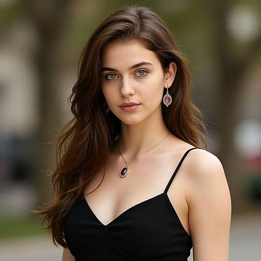 Photograph of a young woman with long brown hair, blue eyes, wearing a black spaghetti strap top, red pendant necklace, and matching earrings, standing