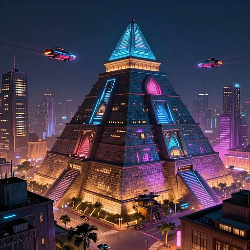 Neon-lit, futuristic pyramid skyscraper with glowing blue, pink, and purple lights, surrounded by flying hovercars and illuminated cityscape, in