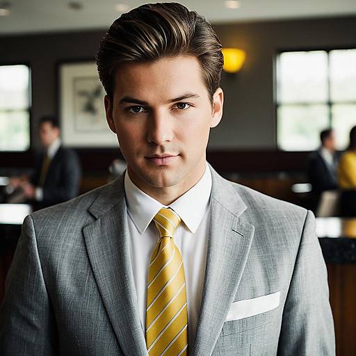 Young Man in Formal Grey Suit and Yellow Tie