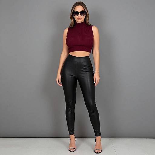 Photograph of a woman with light skin, brown hair, wearing black sunglasses, a maroon sleeveless turtleneck, black leather pants, and