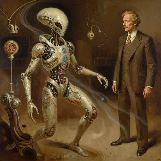 Digital painting of a humanoid robot with intricate silver and blue mechanical parts, standing beside a suited man in a dimly lit room with steampunk devices