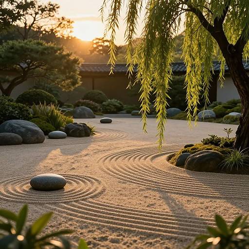 Photograph of a serene Japanese garden at sunset, featuring raked gravel, smooth stones, and a willow tree with golden sunlight.