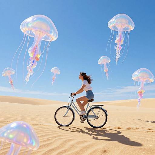 Photograph of a young woman with long dark hair riding a white bicycle through a bright, sandy desert with translucent jellyfish floating in a clear blue sky