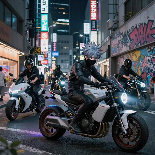 Digital anime-style artwork of three masked motorcyclists with spiky hair riding white motorcycles at night in a neon-lit urban street.