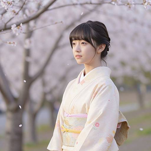 Photograph of an Asian woman with black hair in a white kimono, standing in a cherry blossom garden, petals falling.