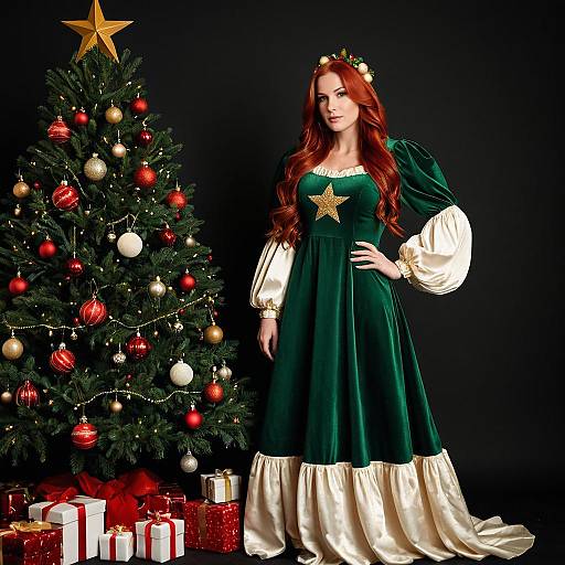 Woman in Festive Dress by Christmas Tree