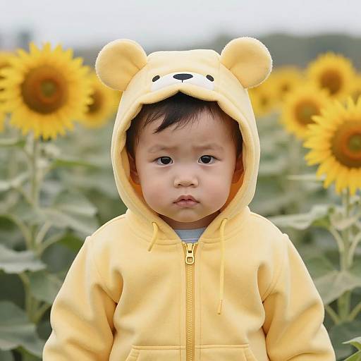 Toddler in Yellow Bear Hoodie in Sunflower Field