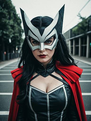 Photograph of a woman in a black and white mask, red cape, black leather bodysuit, standing on an urban street.