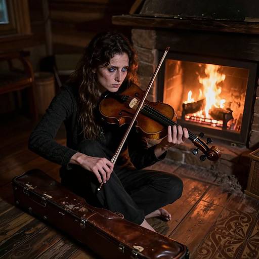 Photograph of a curly-haired woman playing violin by a roaring fireplace in a rustic wooden cabin, wearing black clothes, with a case on the floor.