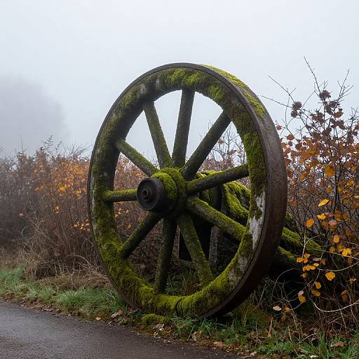 Moss-Covered Wheel on Misty Path