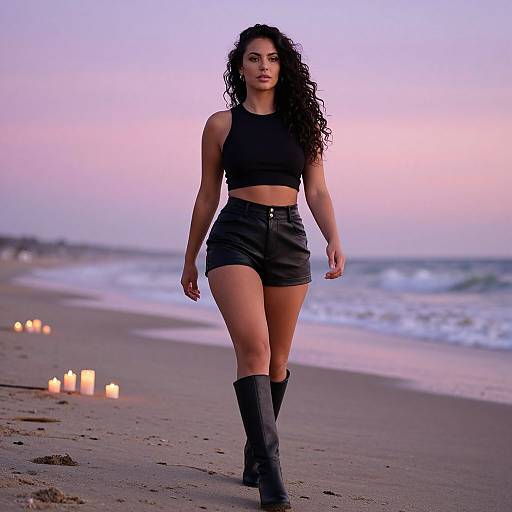 Confident Woman Walking Beach Sunset