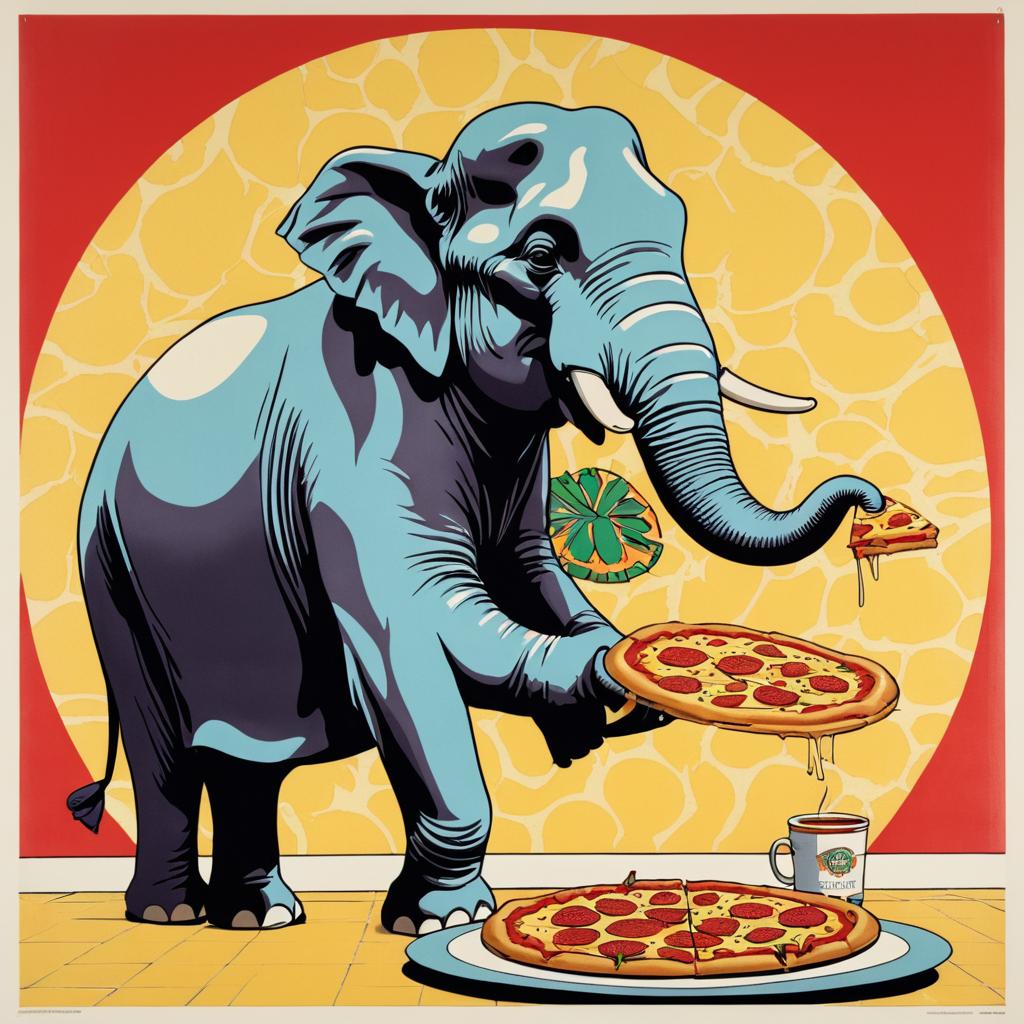 Whimsical Elephant Enjoying a Pizza