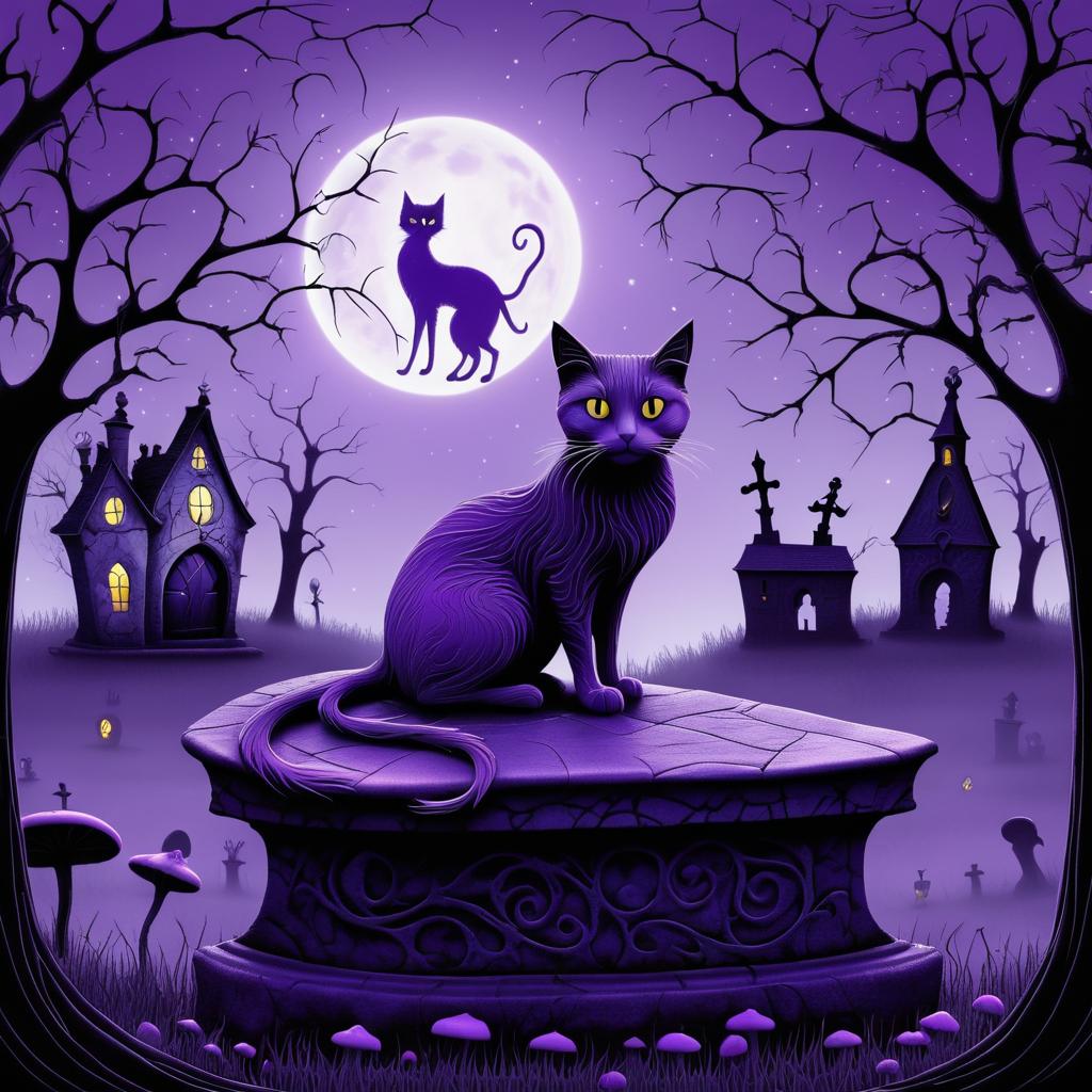 Curious Purple Cat in Whimsical Graveyard