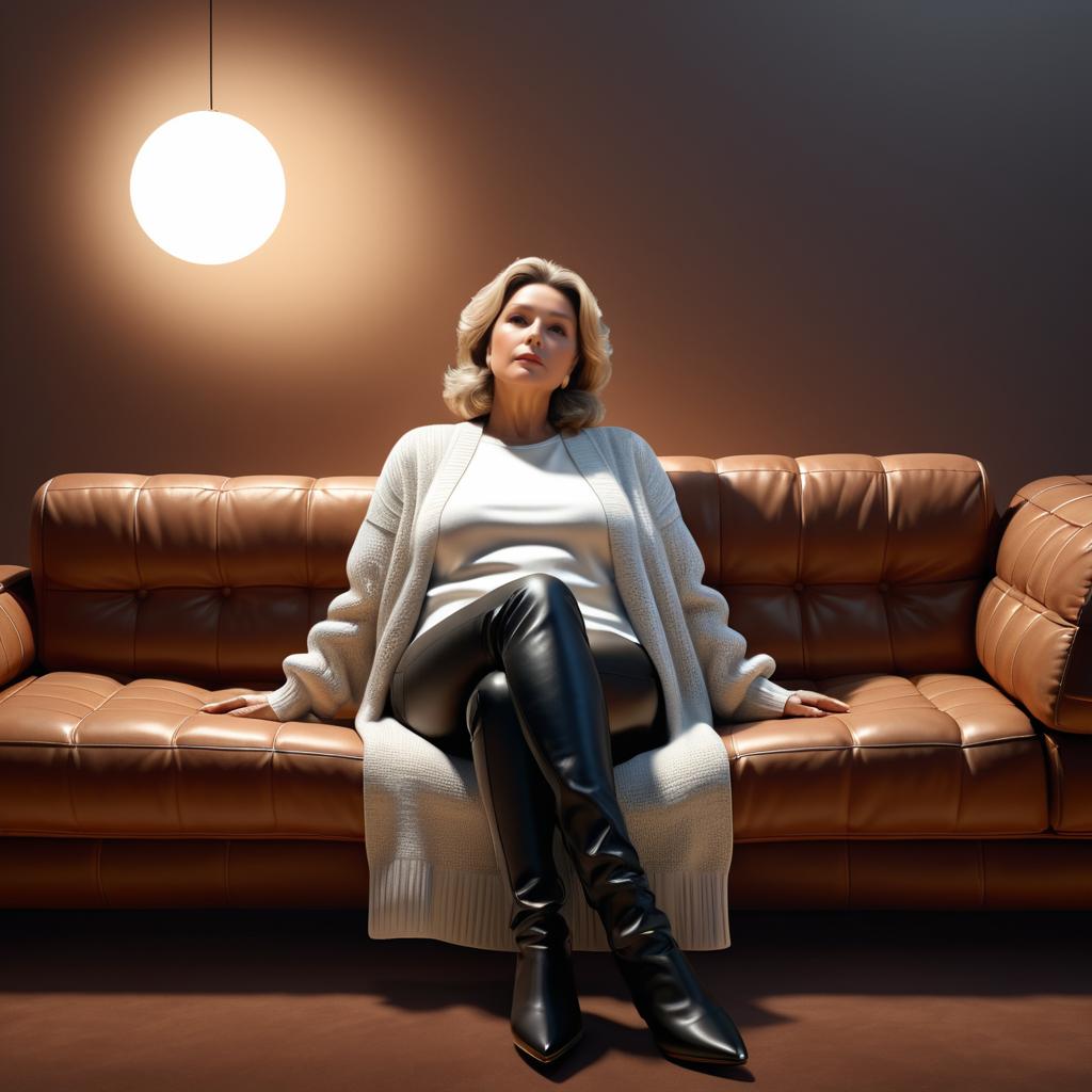 Contemplative Woman on Leather Sofa Illustration